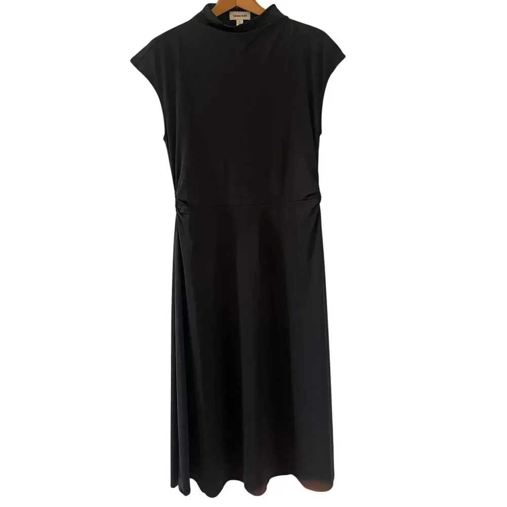 NWT Women's Open Edit Bodycon Stretchy Black Midi Dress Cutouts Funnel Neck Sz L