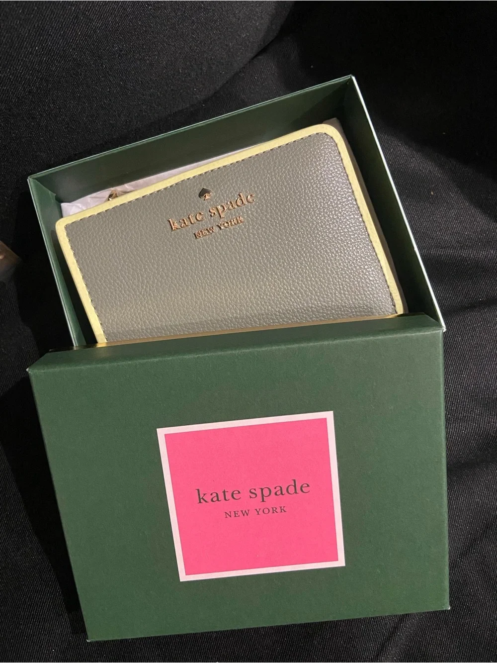 kate spade Gray Card Wallet with Yellow Trim and Gold Logo