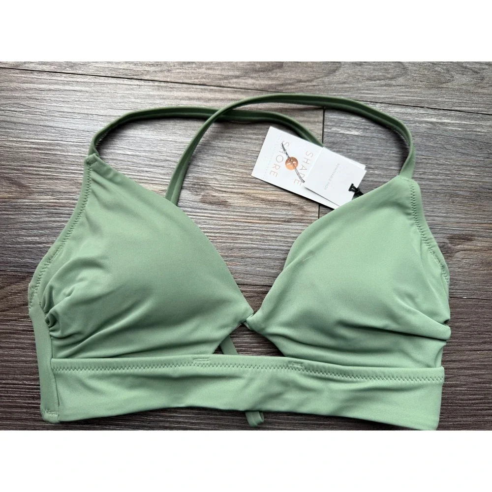 Shape Shore Sage‎ Green Halter Triangle Bikini Top Removable Pads Size 32 B