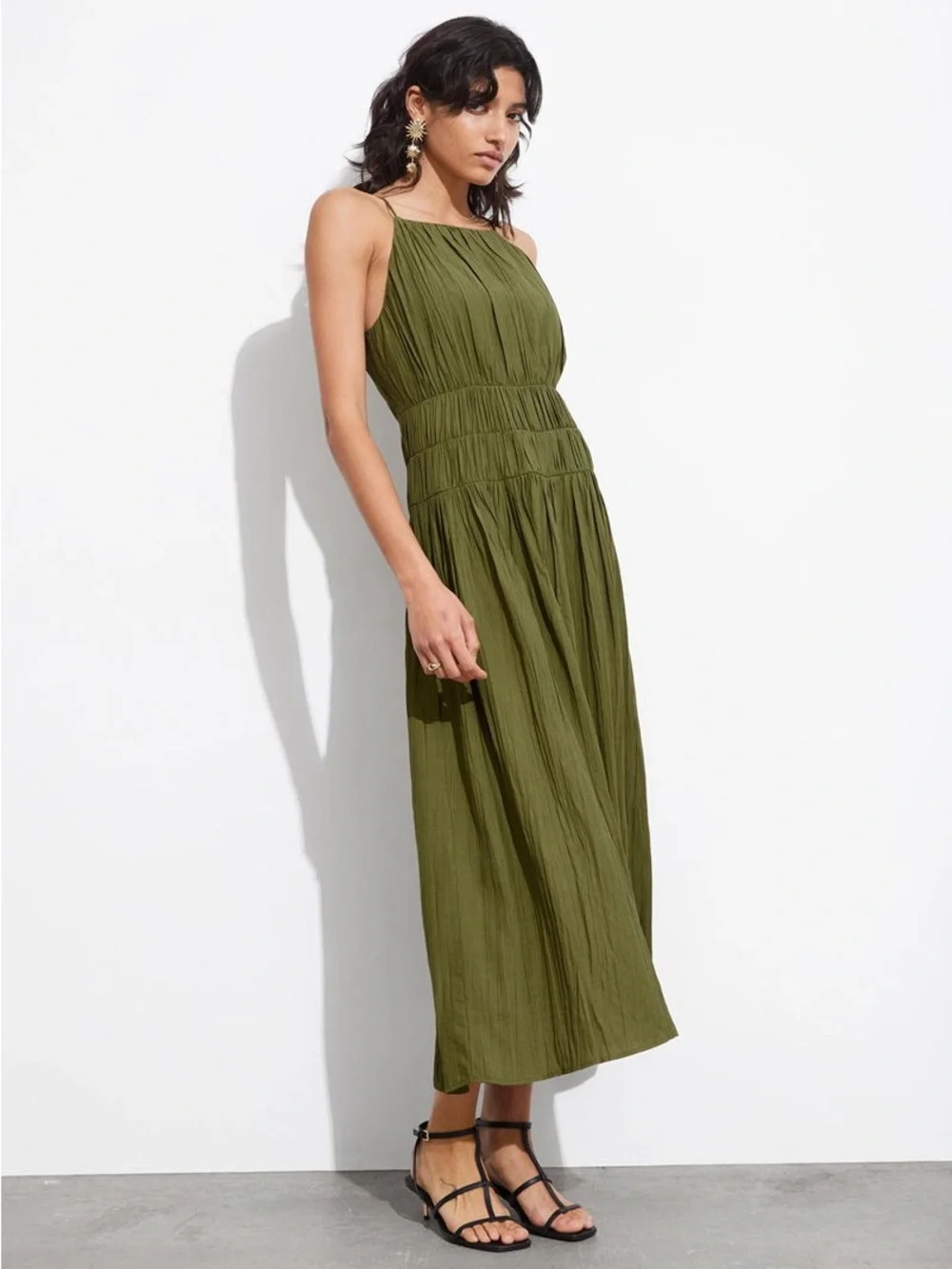 & Other Stories Olive Green Shirred‎ Sleeveless Midi Dress NWT Size 8