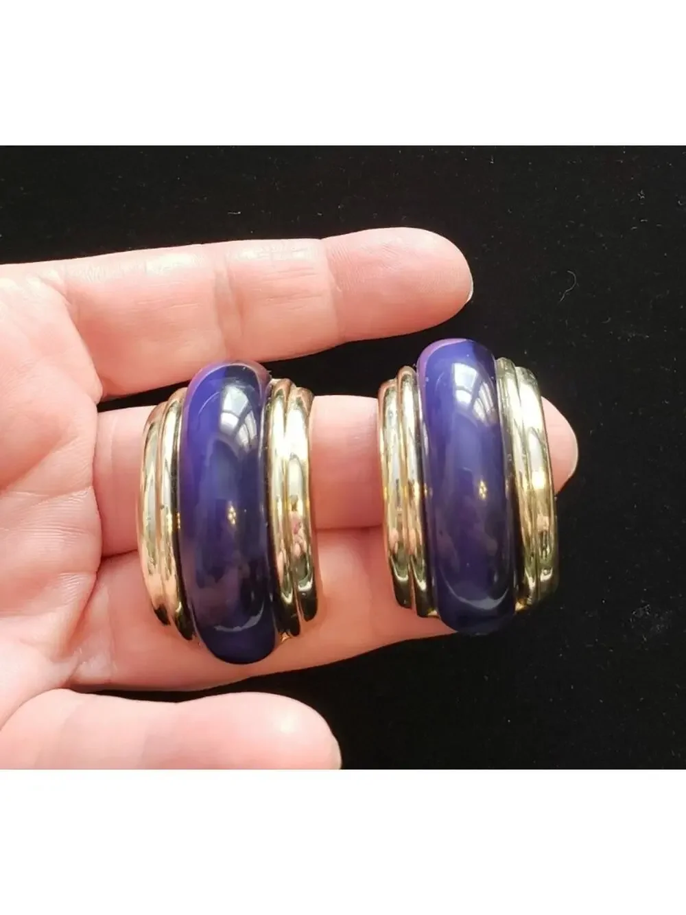 Vintage Half Hoop Pierced Earrings, Blue‎ & Gold, 1.5