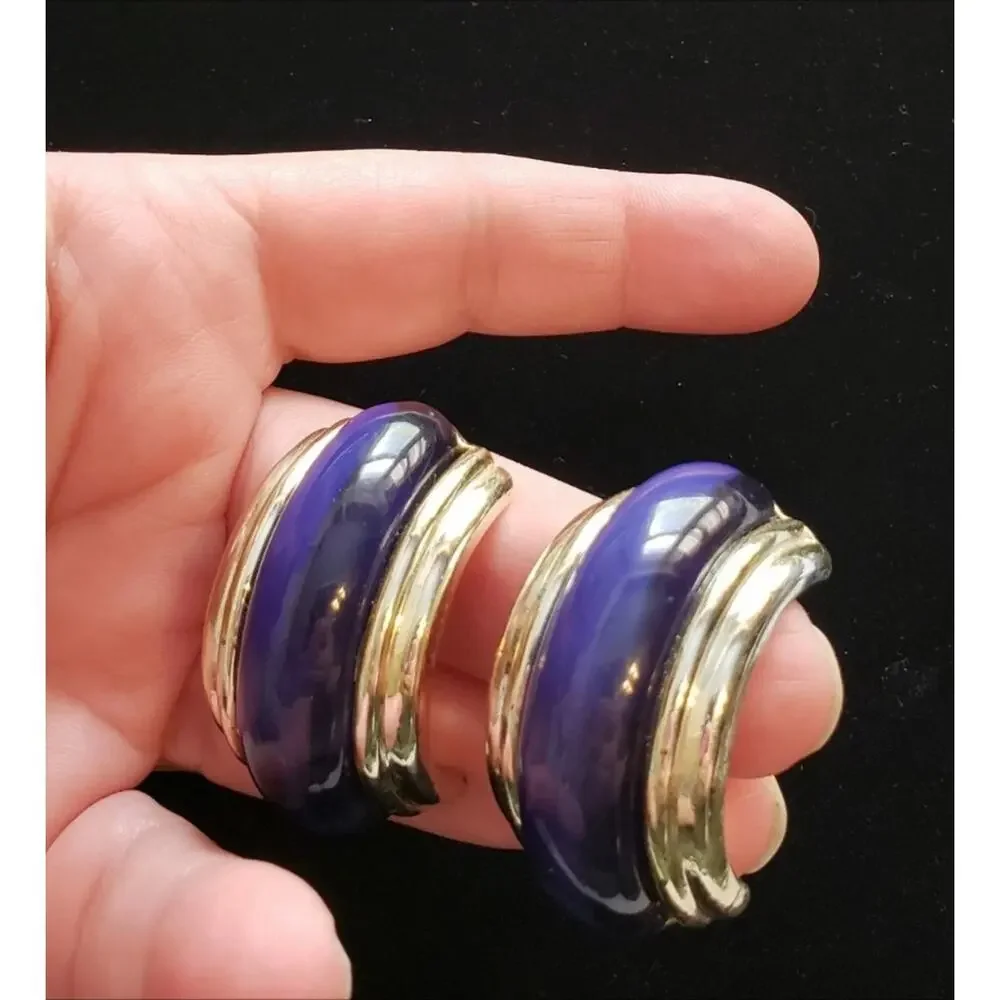 Vintage Half Hoop Pierced Earrings, Blue‎ & Gold, 1.5