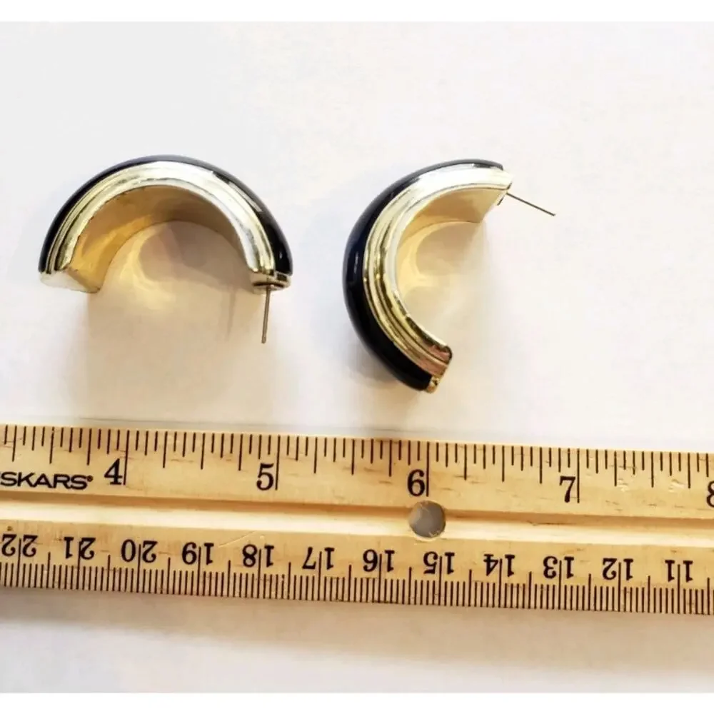 Vintage Half Hoop Pierced Earrings, Blue‎ & Gold, 1.5