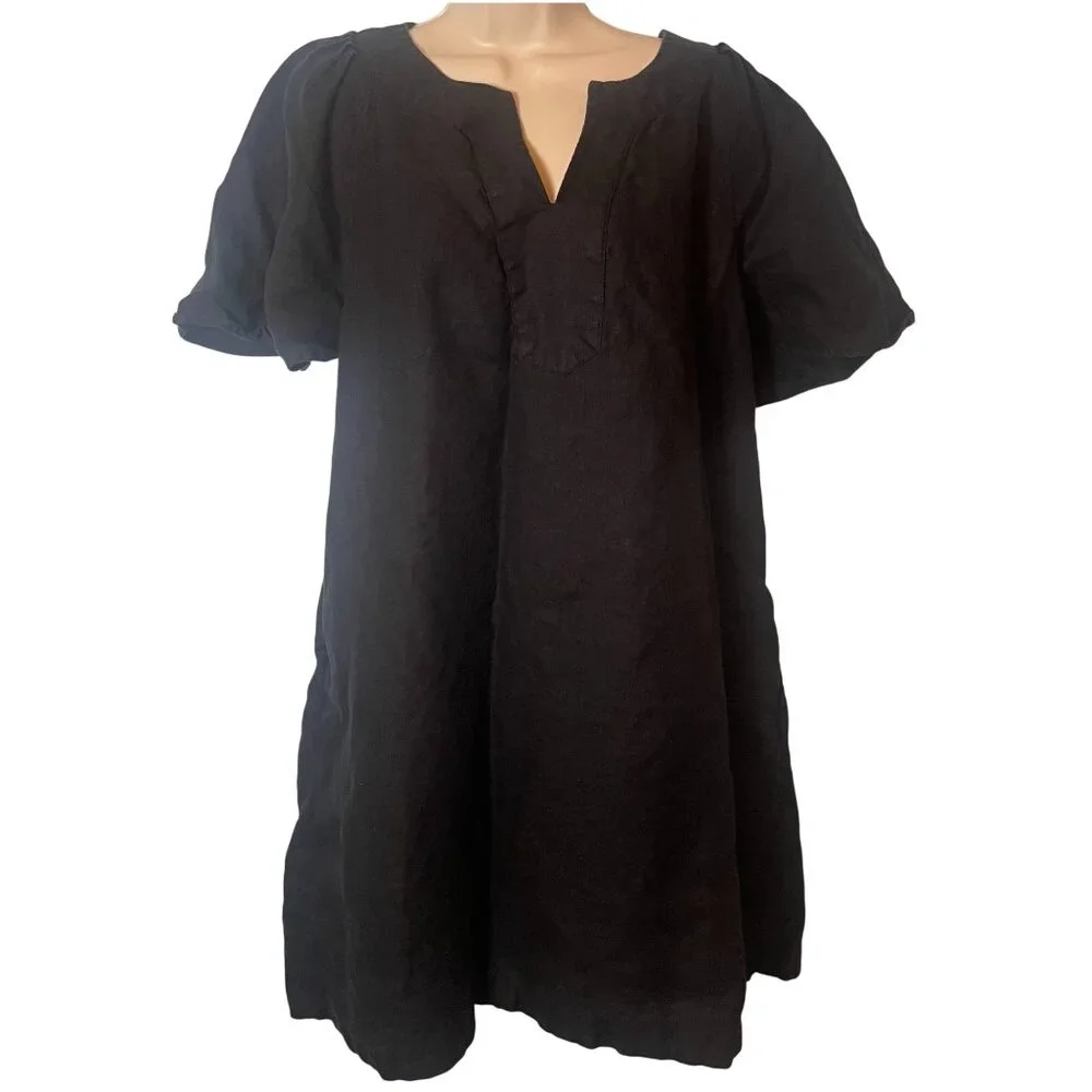 Chico's Women's 100% Linen Dress Black Size 2 (12) Pockets Lagenlook Casual FLAW