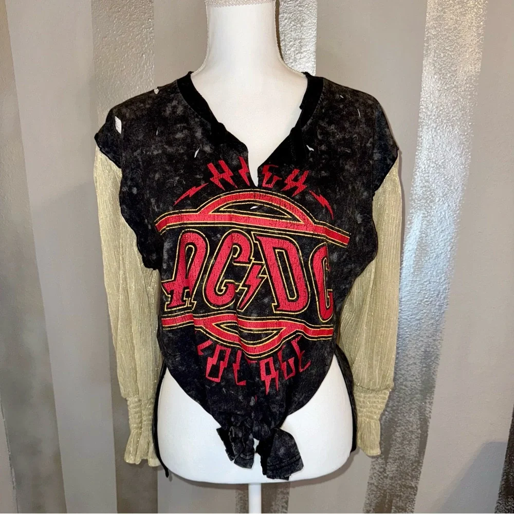 Upcycled AC/DC Band Distressed Black Gold T-Shirt Top‎ Ladies Small-Medium Rock