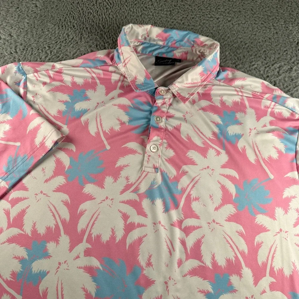 Sunday Swagger Polo Shirt Mens 2XL Pink Palm Print Short Sleeve Performance Golf