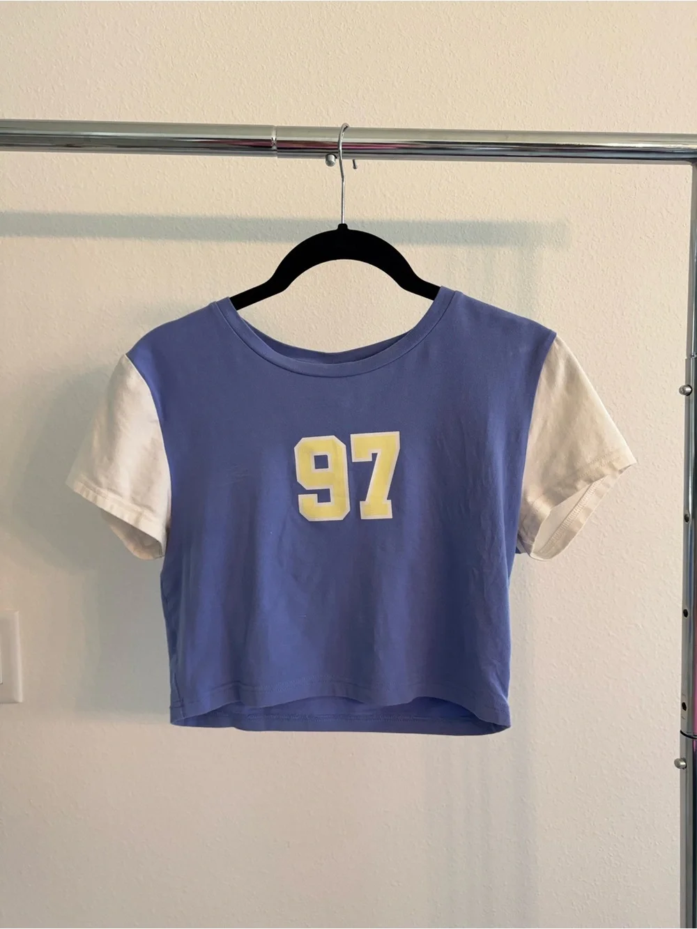 TNA Lavender Cropped Tee with White Sleeves & Yellow Number