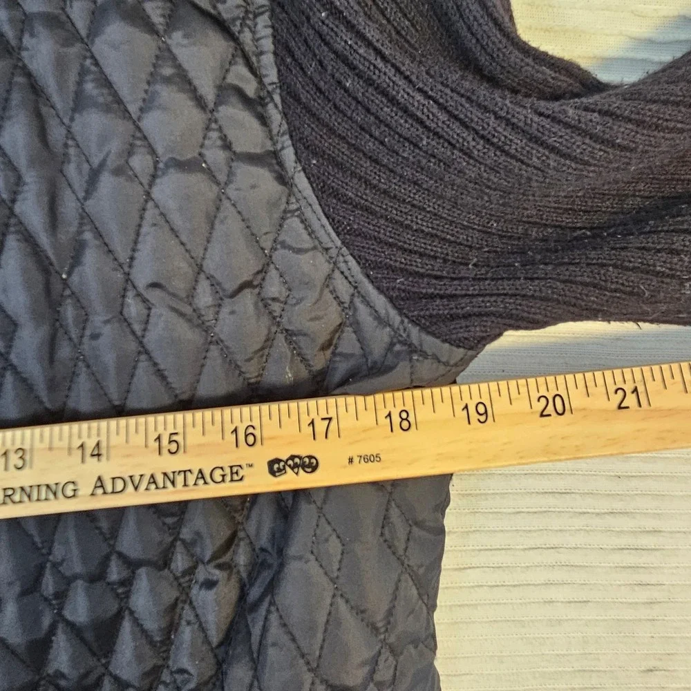 For Cynthia Black Quilted Hybrid Jacket Ribbed Knit Sleeves Mock‎ Neck Zip Front