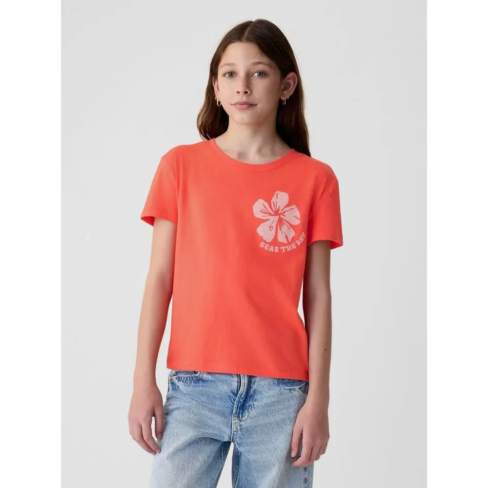 Gap Red Flower Slogan Graphic Crew Neck Short Sleeve T-Shirt