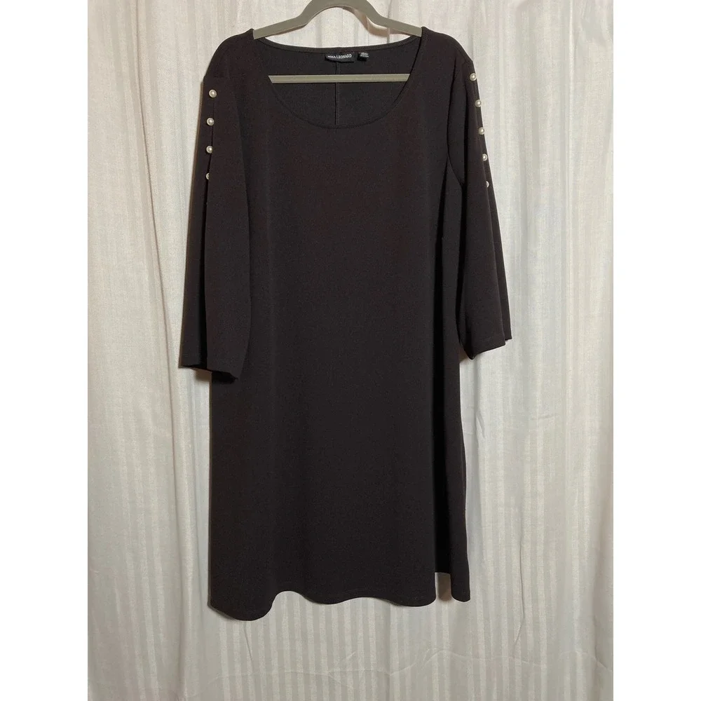 Nina Leonard Women 2X Chocolate Brown Faux Pearl 3/4 Sleeve Stretch Shift Dress