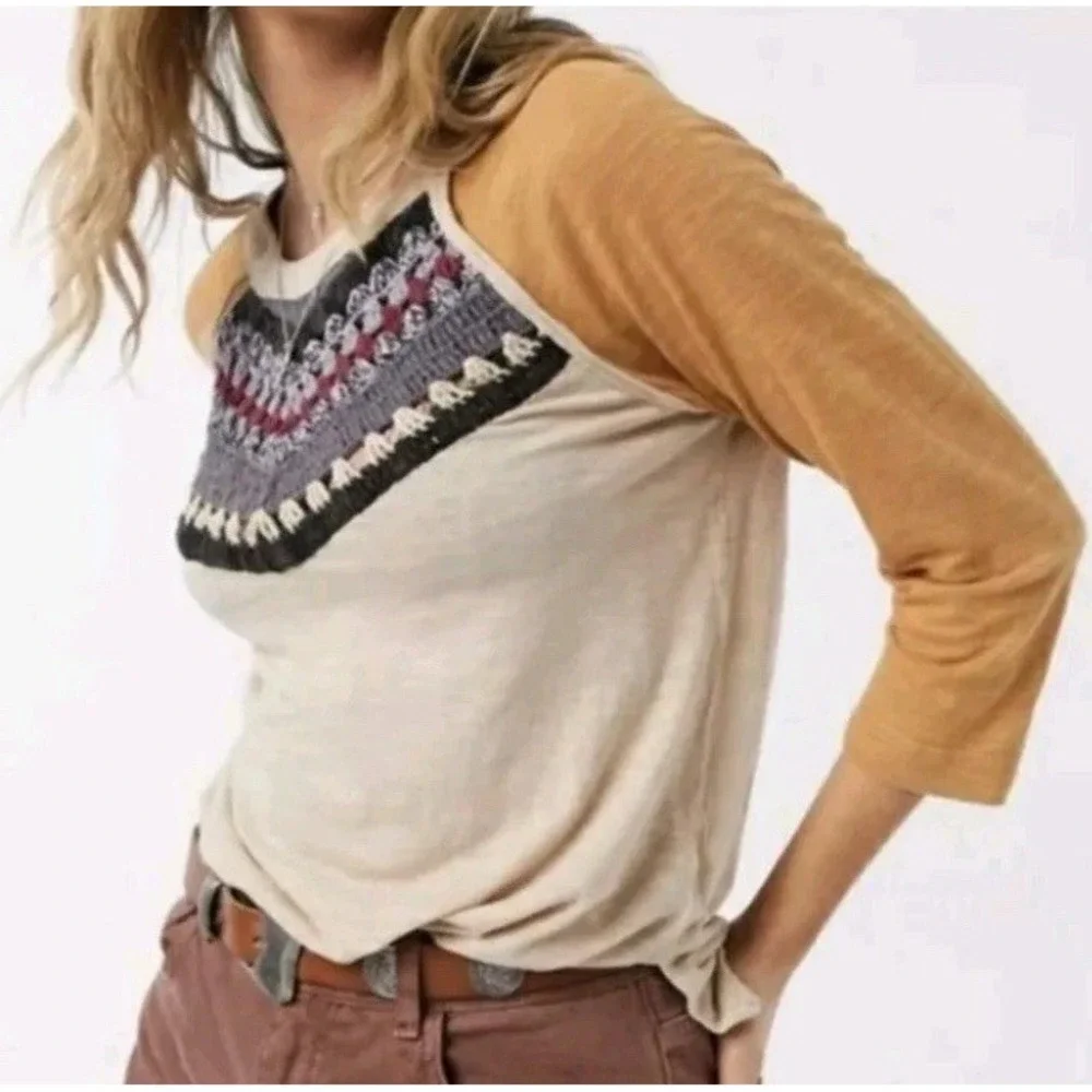 We the Free People Spring Bound Crochet Yoke Linen Blend Top Boho Women's SZ - S