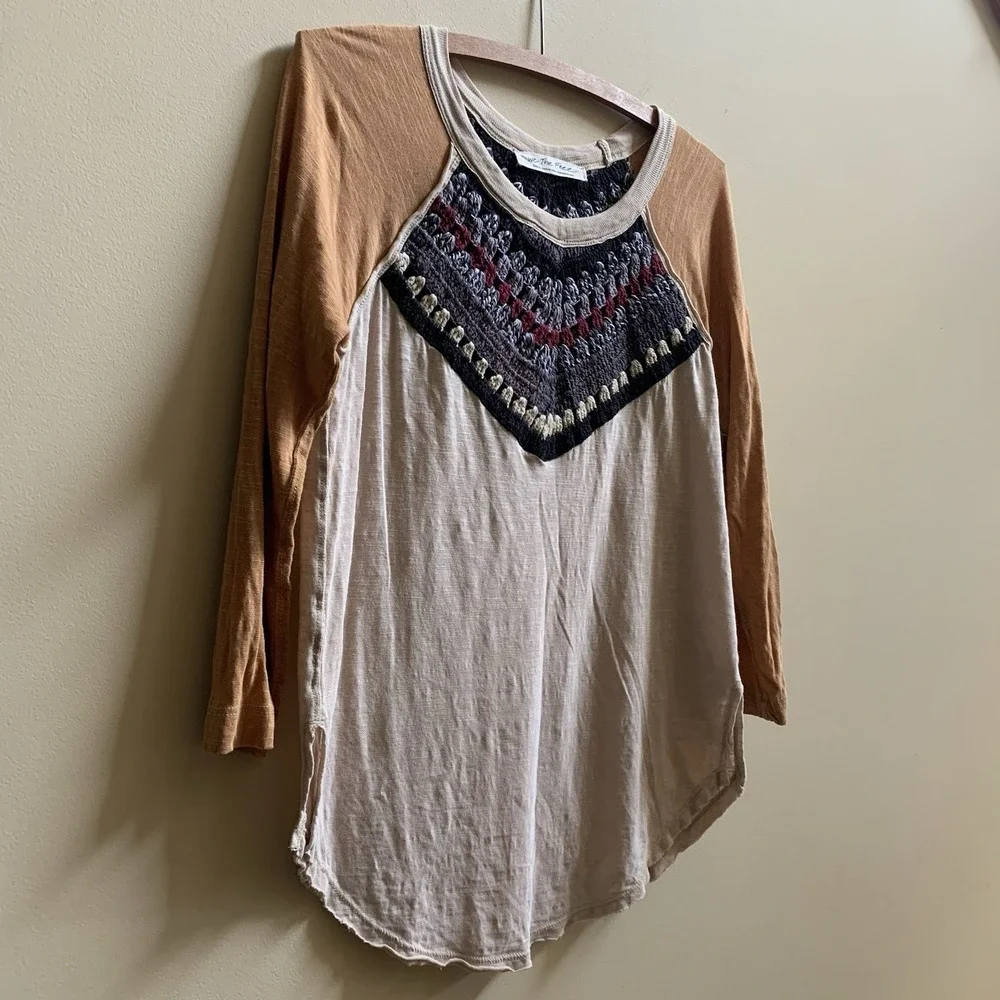 We the Free People Spring Bound Crochet Yoke Linen Blend Top Boho Women's SZ - S