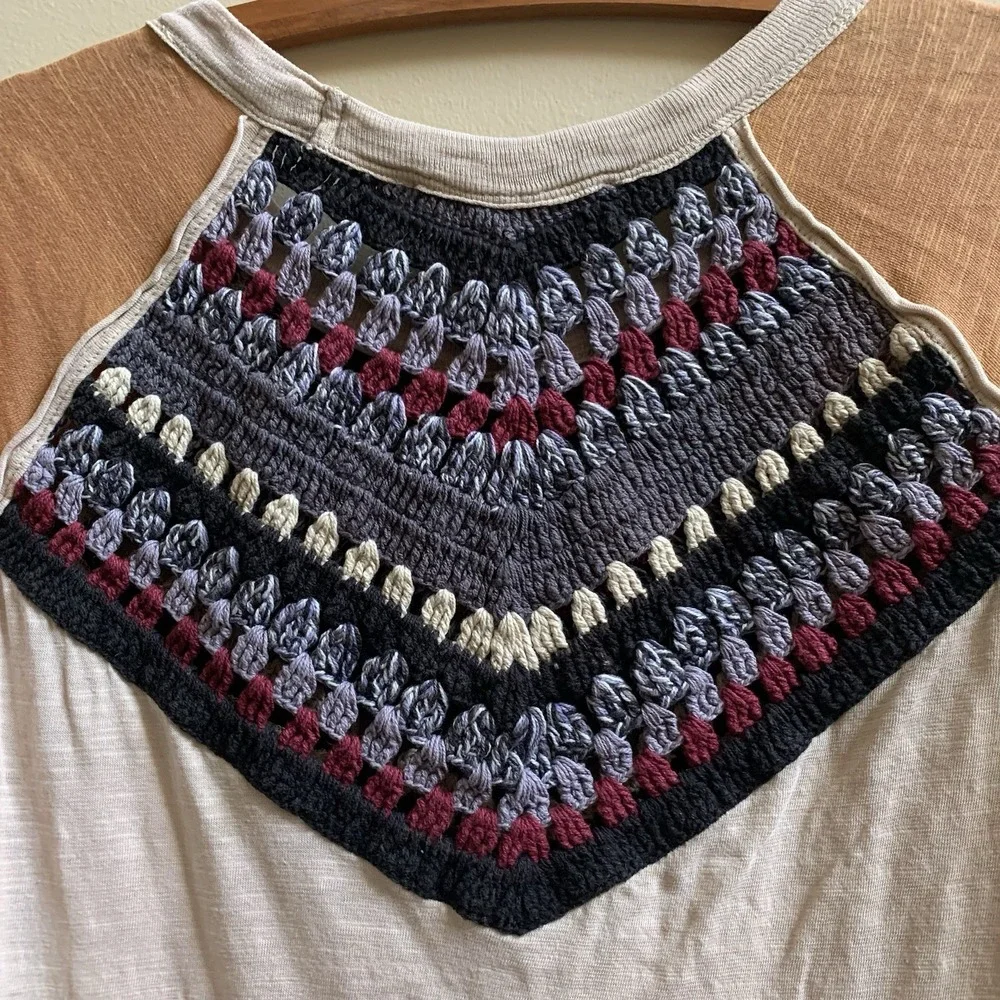 We the Free People Spring Bound Crochet Yoke Linen Blend Top Boho Women's SZ - S