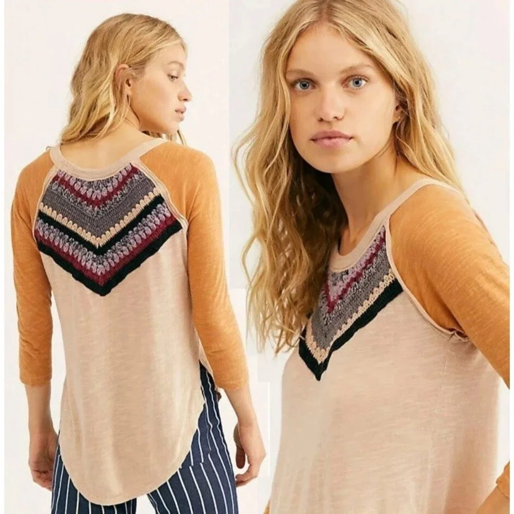 We the Free People Spring Bound Crochet Yoke Linen Blend Top Boho Women's SZ - S