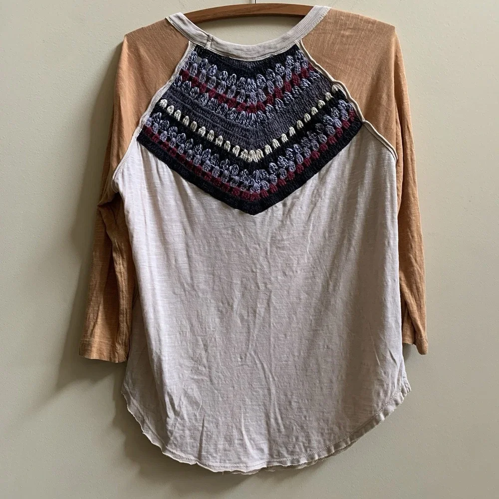 We the Free People Spring Bound Crochet Yoke Linen Blend Top Boho Women's SZ - S