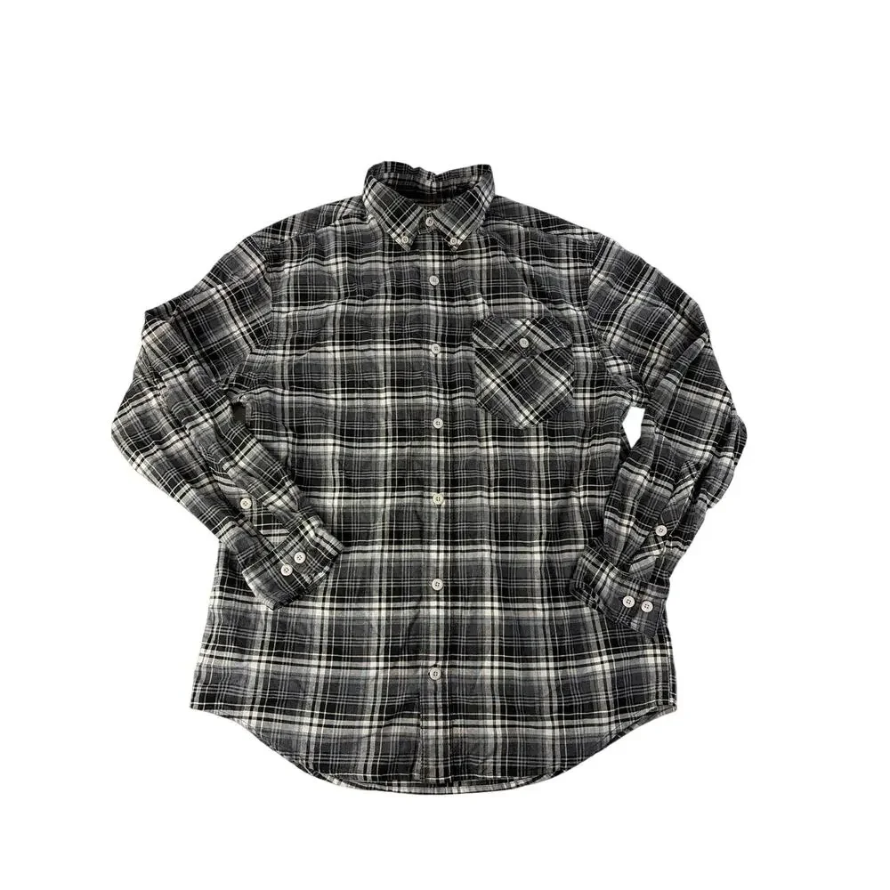 Duluth Trading Mens Button Front Shirt Medium Mountain Oxford Black Plaid Cotton
