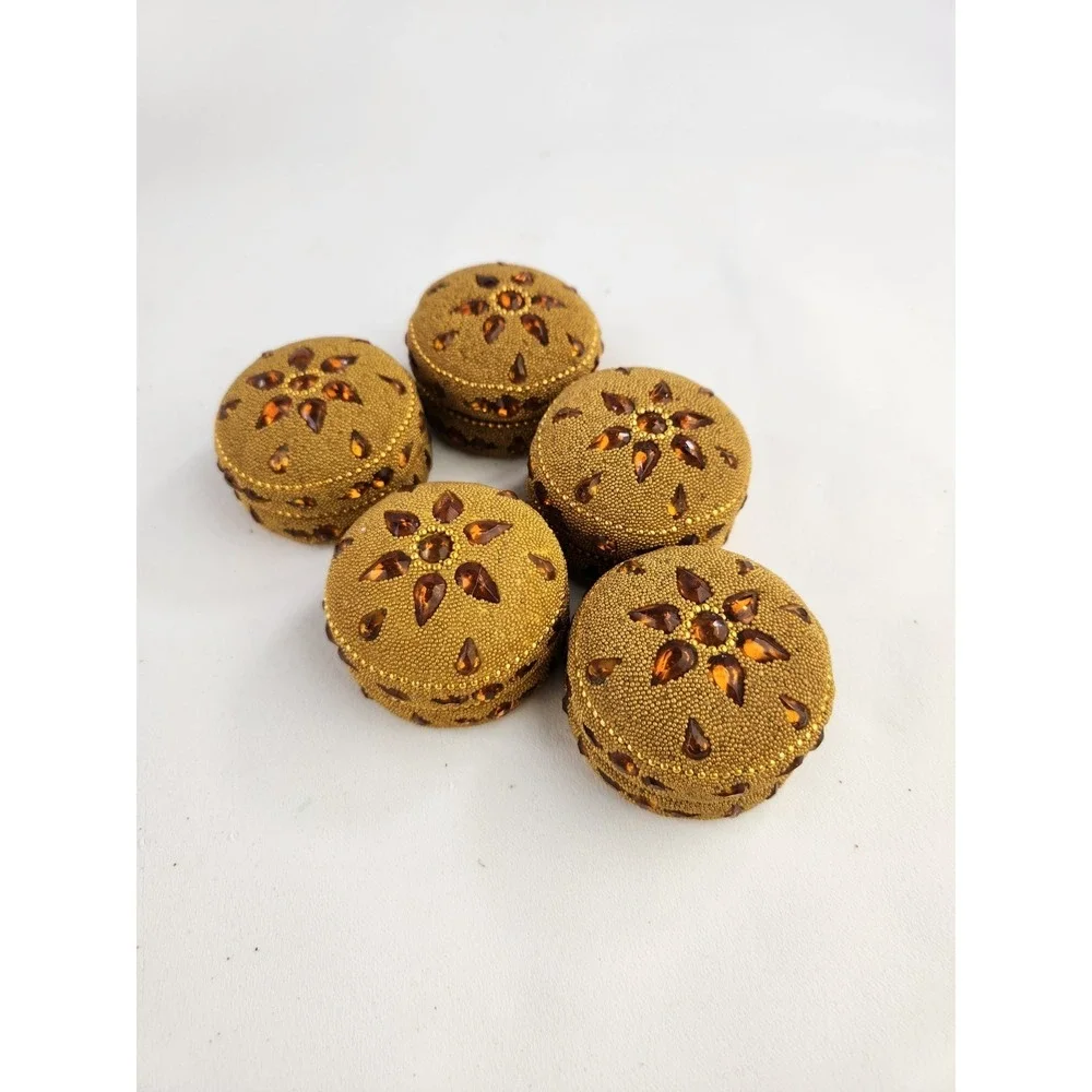 Vtg Round Hand Beaded Trinket Boxes‎ Yellow Gold Beads Jeweled Wedding Set of 5