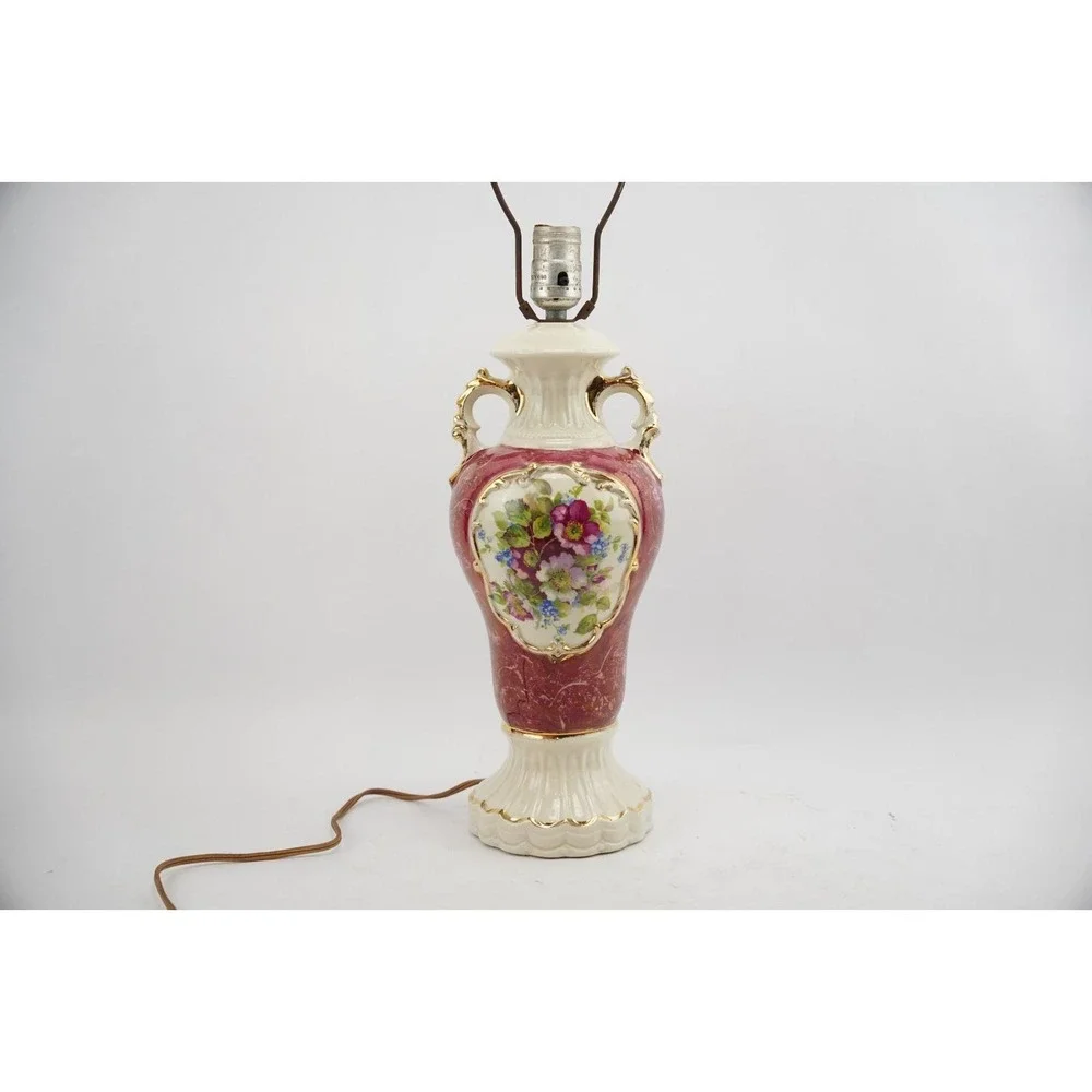 Vintage Early 1950's ‎ Handled Ceramic Shabby Chic Floral Lamp Red & White