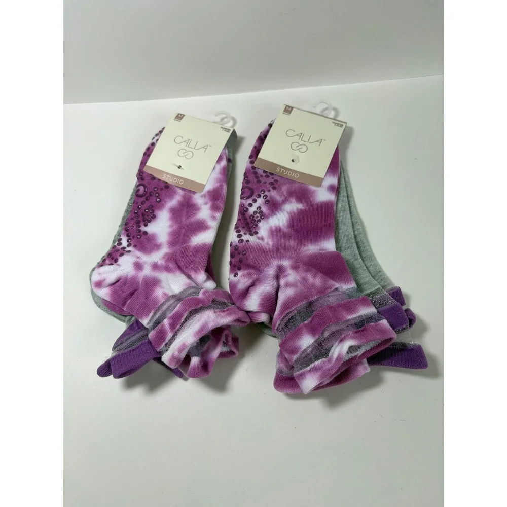 Calia Studio Women 4 Pairs Quarter Gripper Socks Pink Tie Dye Gray Medium 5-10