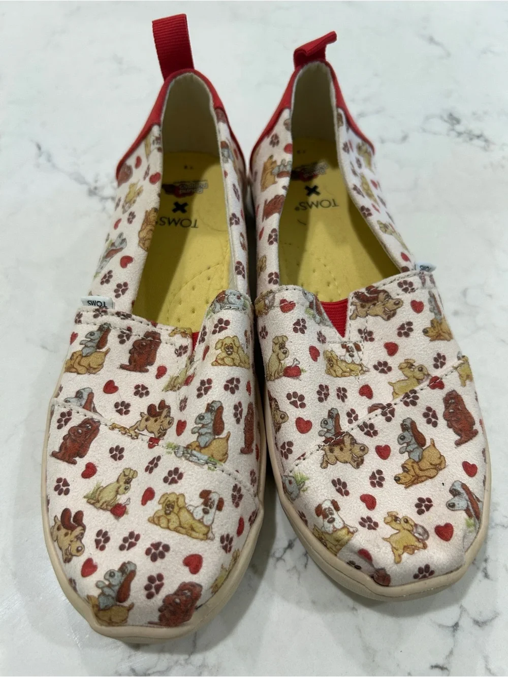Toms Kids Cream Canvas Slip-Ons with Red Accents and Dog Print