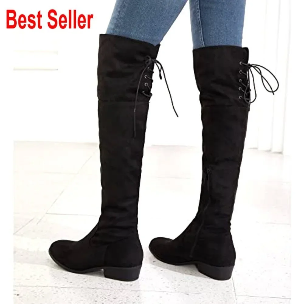 Faux Suede Over-the-Knee Boots with Low Heel and Zipper