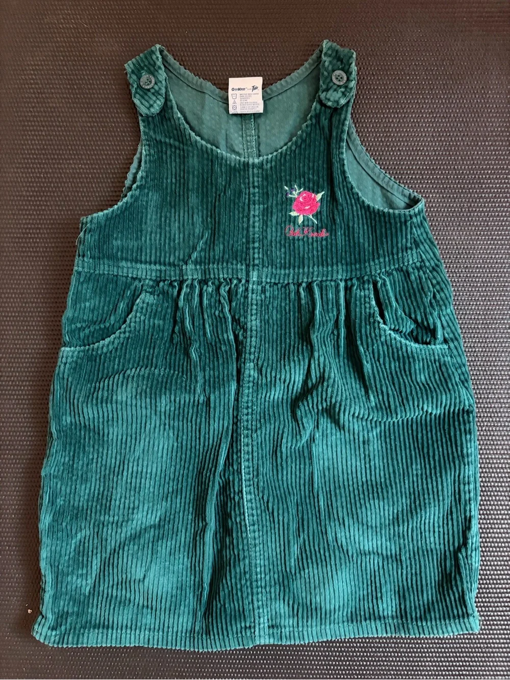 OshKosh B'gosh Teal Green Corduroy Pinafore Dress with Rose Embroidery