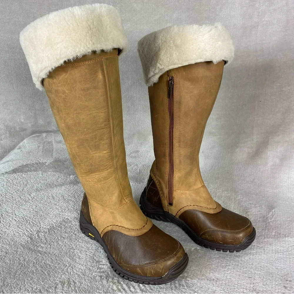 UGG Miko Tall Boots Womens Size 5 Brown Shearling Lined Leather Zip Vibram‎
