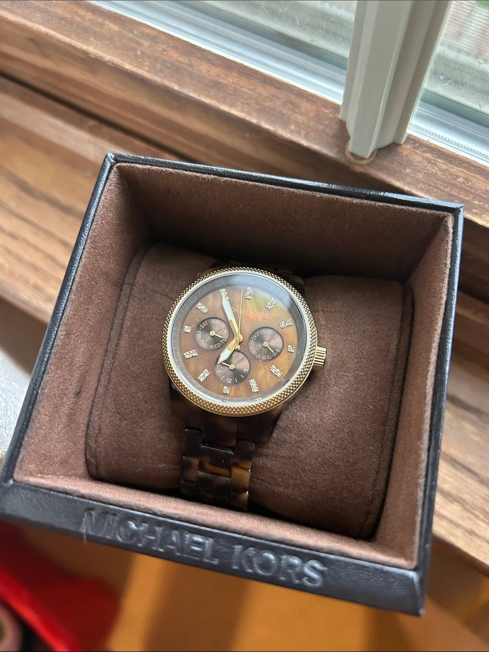 Michael Kors Brown Tortoiseshell and Gold Chronograph Watch