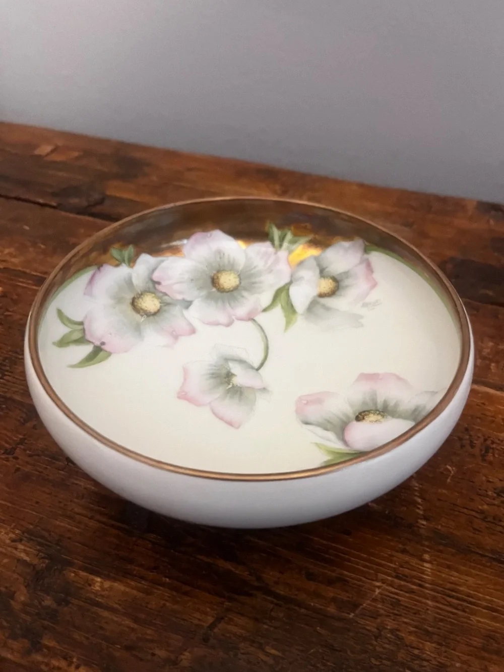 Vintage Hand-Painted Porcelain Floral Trinket Box / Vanity Three Legged Dish