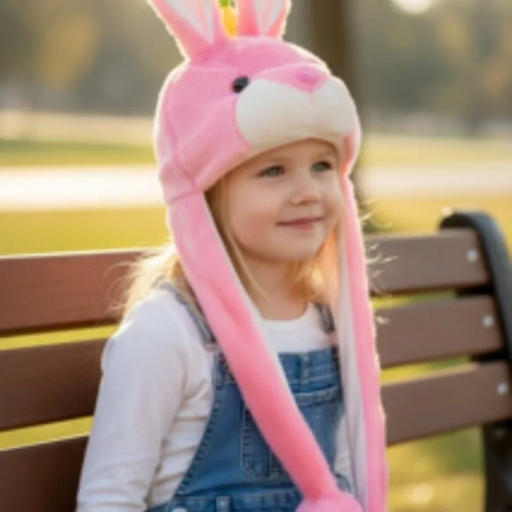 Pink Girl's Hat  Plush Fuzzy Snow beanie Bunny Ears‎ Warm  Fluffy Pom Pom Tie