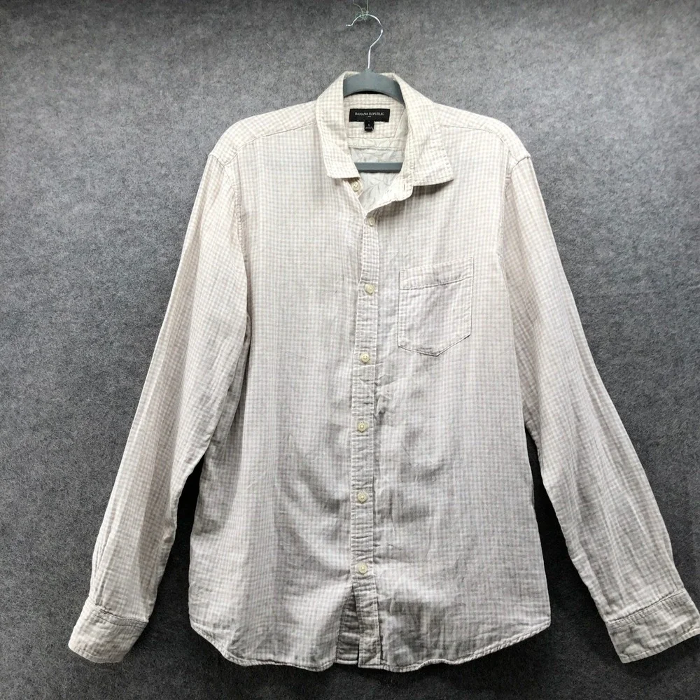 Banana Republic Untucked Double Cloth Shirt Mens L Long Sleeve Cream Gingham