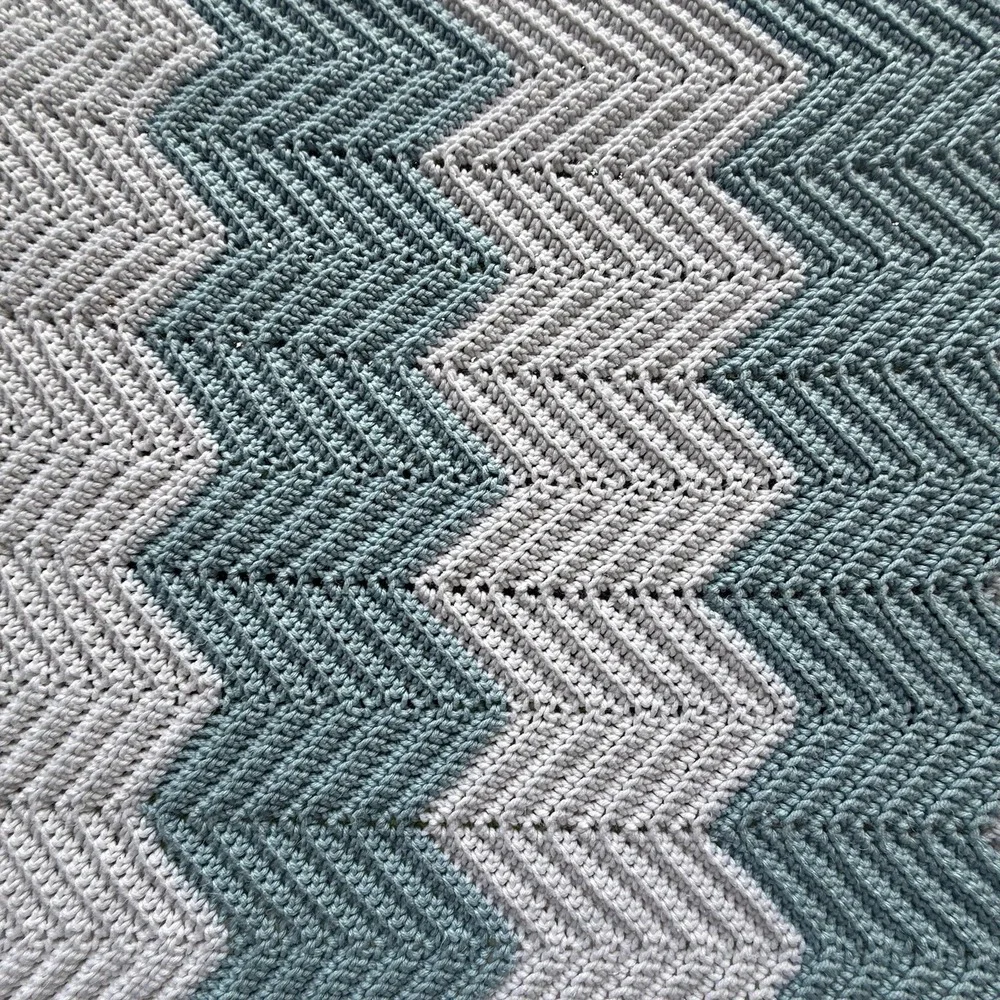 Handmade Crochet Chevron Ripple Afghan 59.5x36.25 Light Blue White Throw Blanket