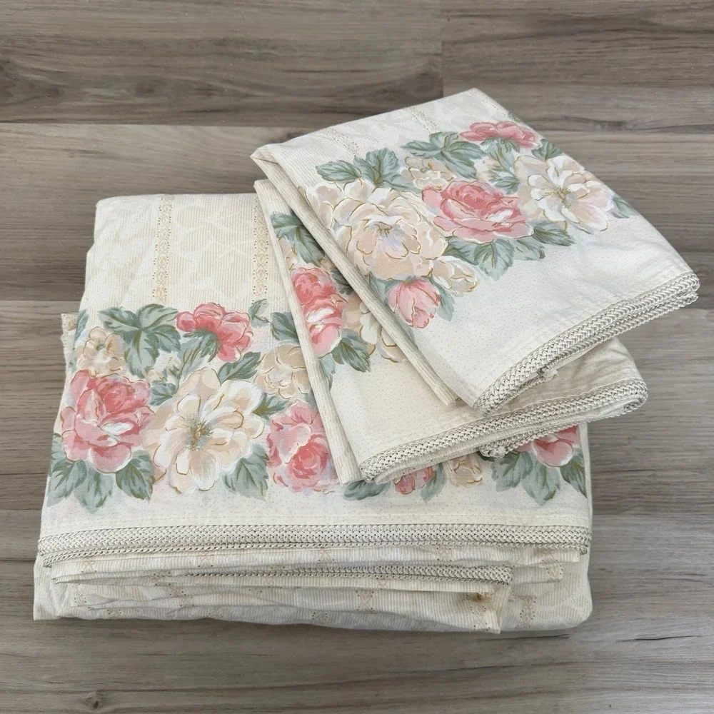 Vintage 1986 Eileen West 4PC KING Sheet Set Tan Gold Floral Cottage Farmhouse‎