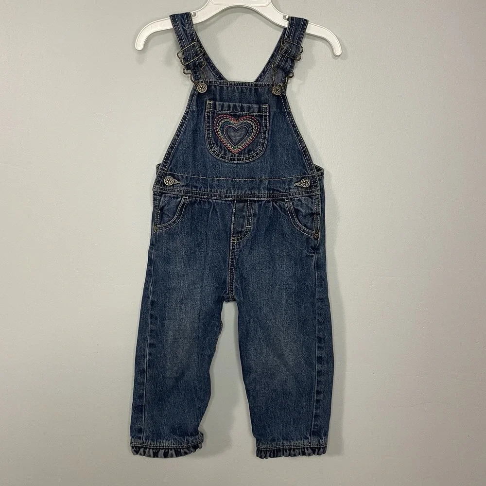 Oshkosh B'Gosh Denim 18m Overalls Rainbow Heart‎ Patch Retro Girly Colorful
