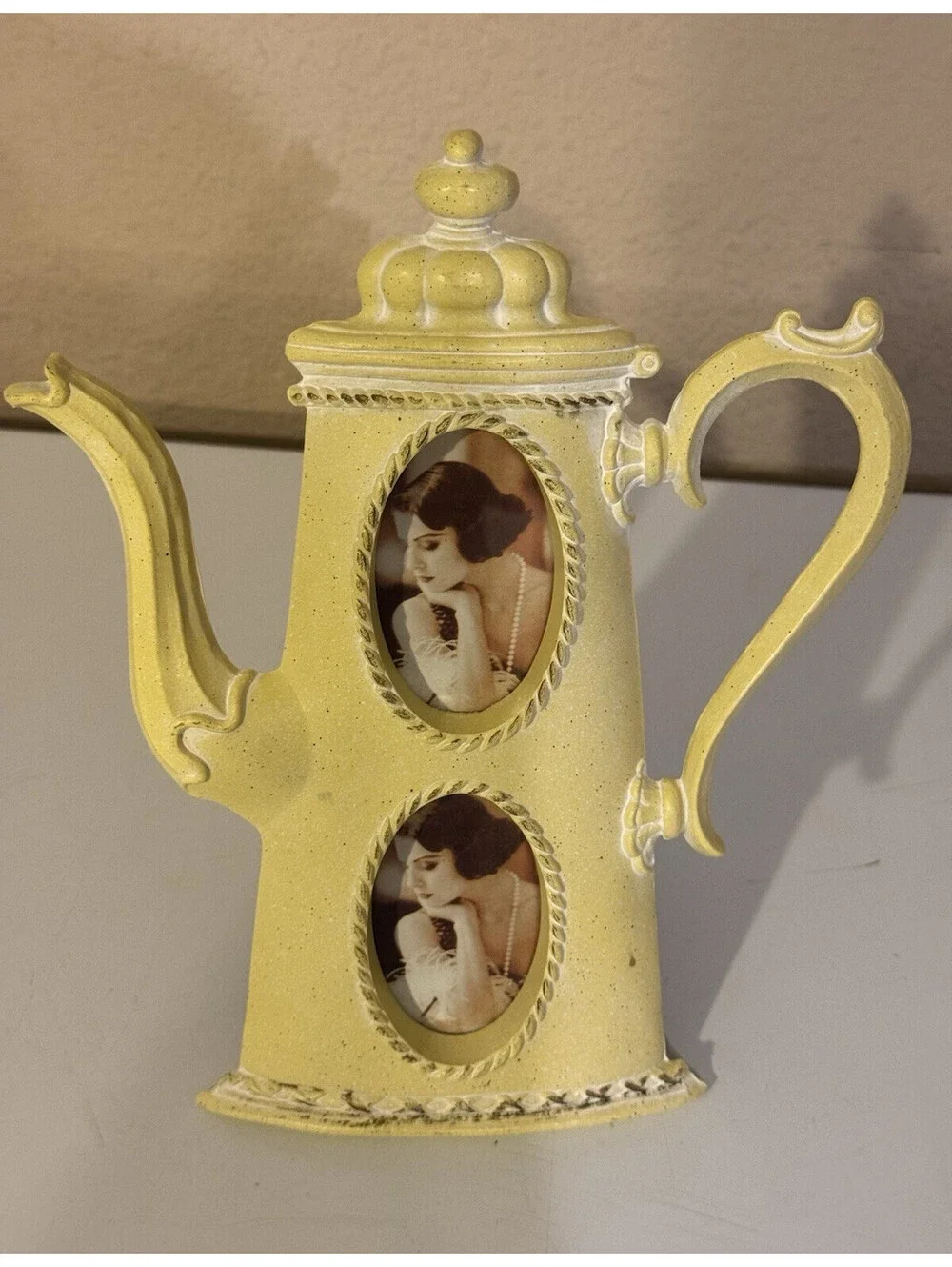 Vintage Yellow Teapot Novelty  Double Oval Photo Frame Stand Holds 2, 2x4 in