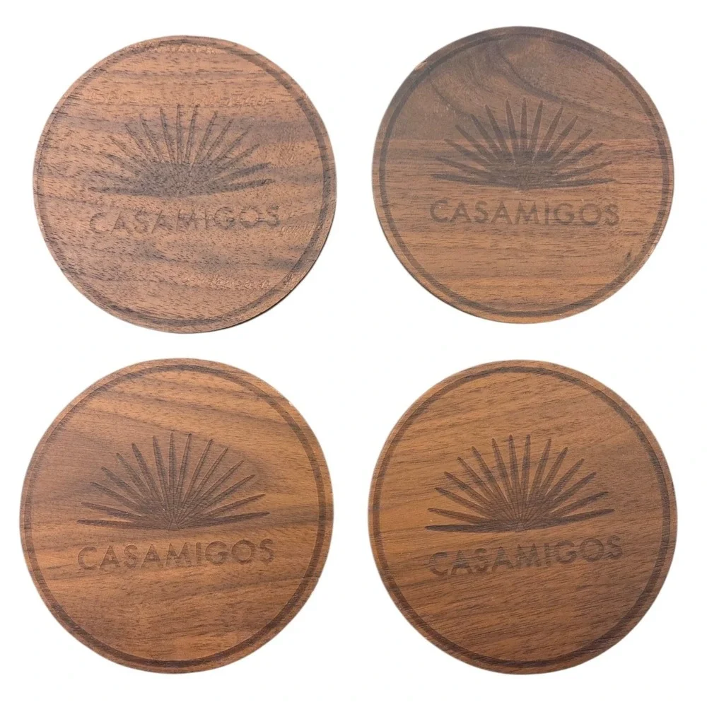 Casamigos‎ Tequila Wooden Coasters Set of 4 Round Etched Agave Logo Brown Mexico