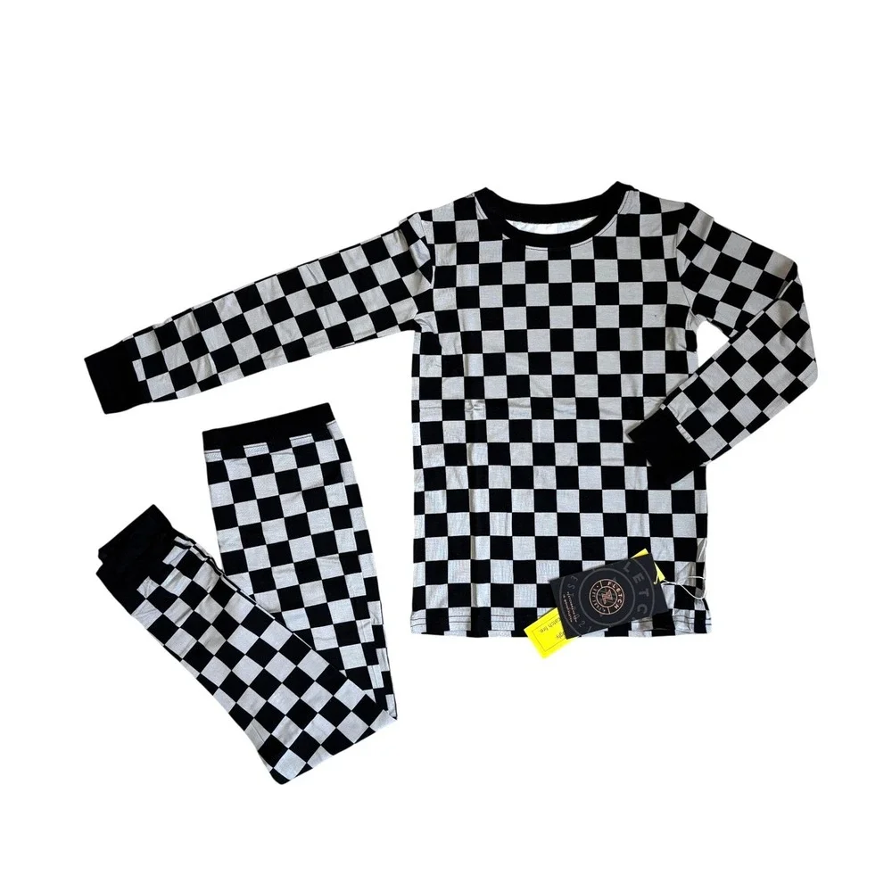 Fletch Kids Gray Fully Checked-Out 2 Piece‎ Bamboo Pajama Set 7/8Y NEW