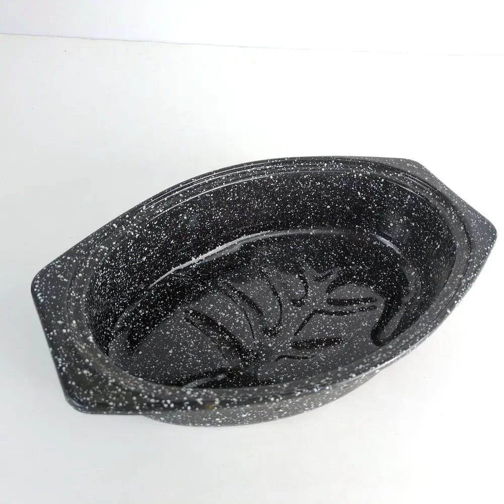 Vintage Black Graniteware Oval Small‎ Oven Roasting Pan, Speckled Enamel 13x8