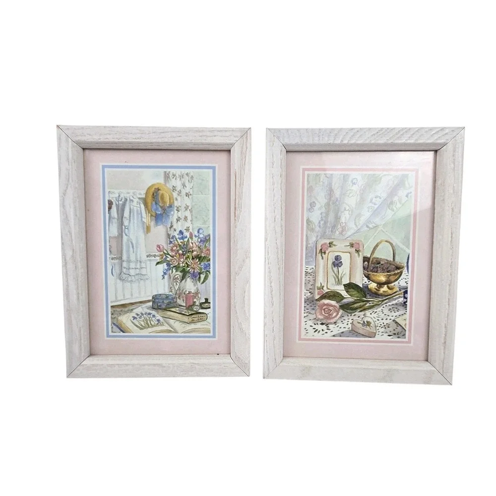 2 Vintage Wood Framed White & Pink Floral Wall Art Prints For Girls Room 8x6
