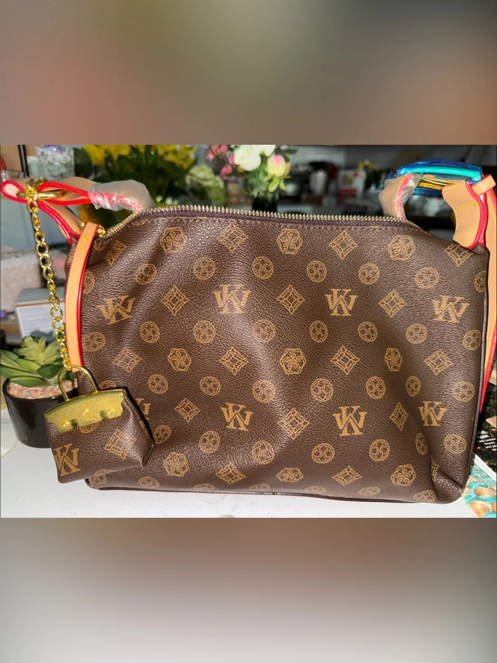 🍁NEW🍂🌸Designer Brown Monogram Satchel with Colorful Accents