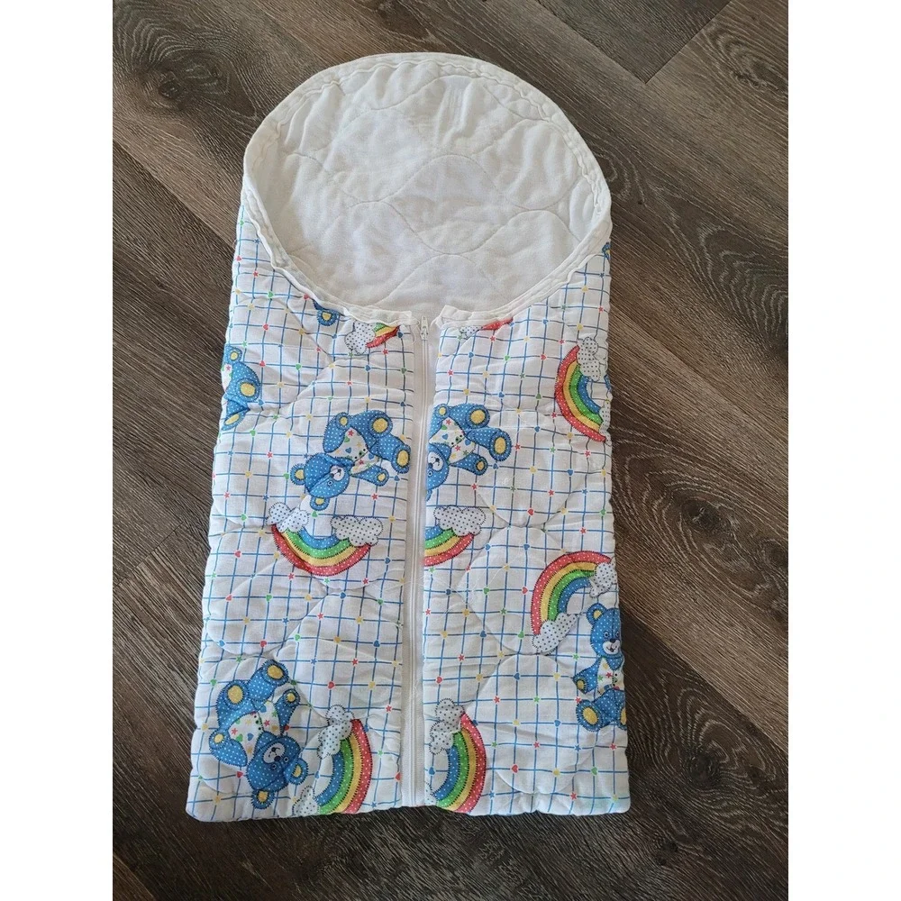 Vintage Quilted Baby Bunting Sleeping Bag Blue Bears Rainbows Hooded Zip #2