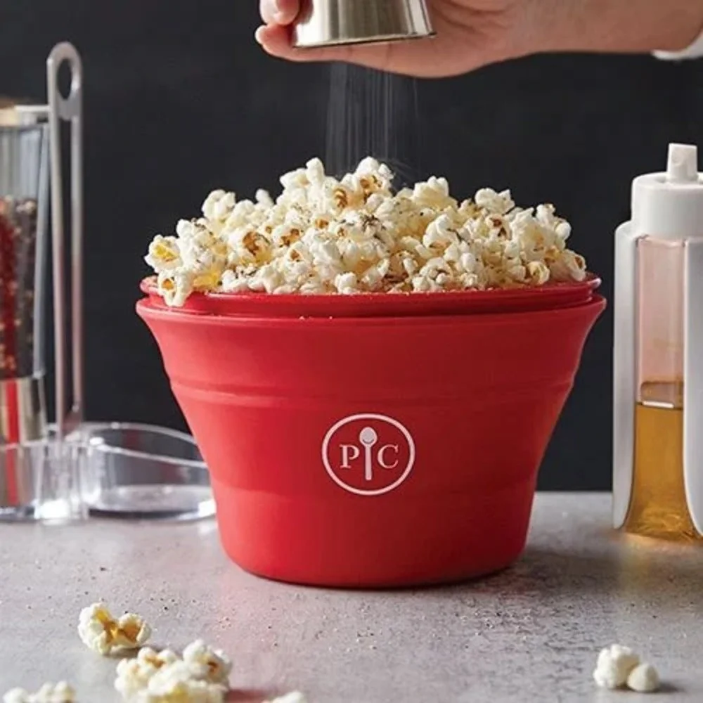 Pampered Chef Microwave Popcorn Maker Red Silicone Collapsible Bowl 1569