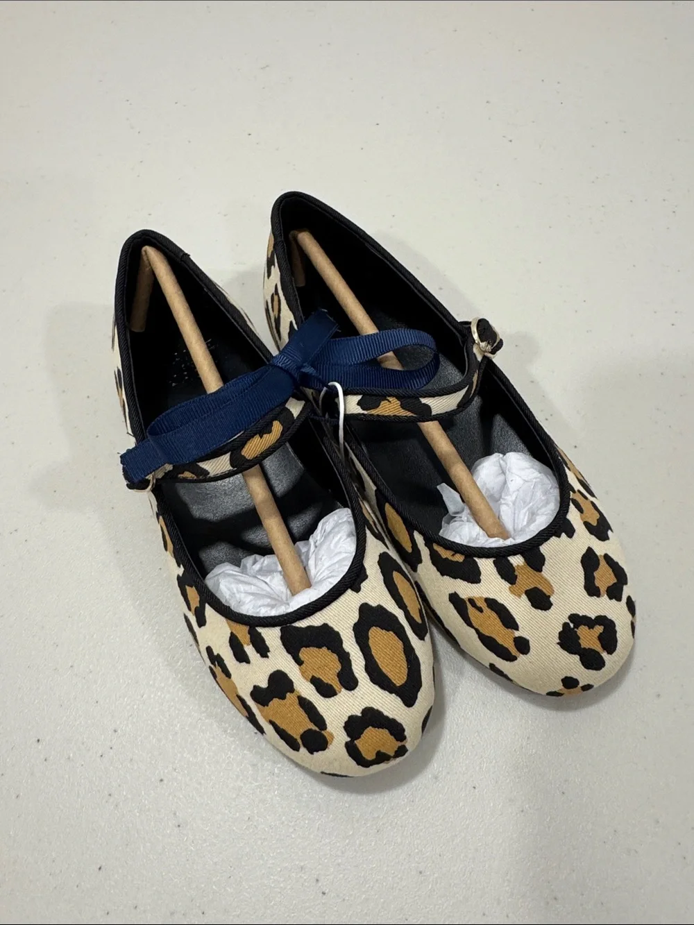 Janie and Jack Leopard Print Mary Janes with Navy Bow