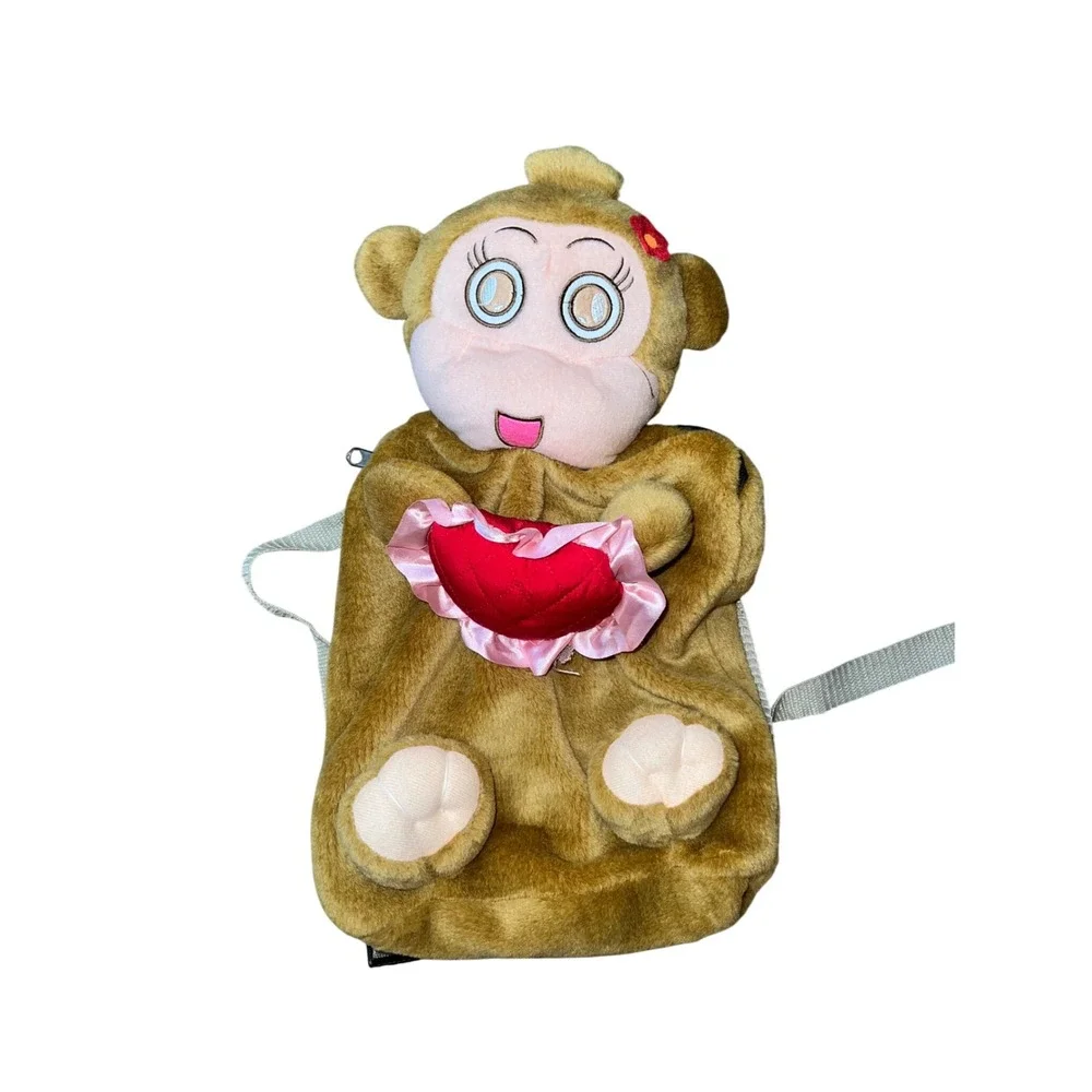Kids Plush Monkey Backpack Brown Fuzzy Stuffed Animal Bag with Red Heart Heart