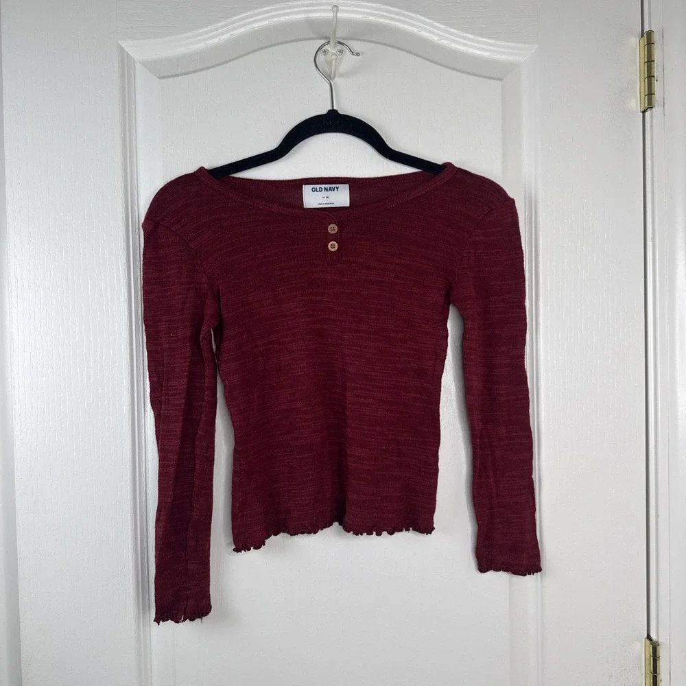 Old Navy Rib-Knit Lettuce-Edge Red Henley Long Sleeve Shirt Girls medium 8