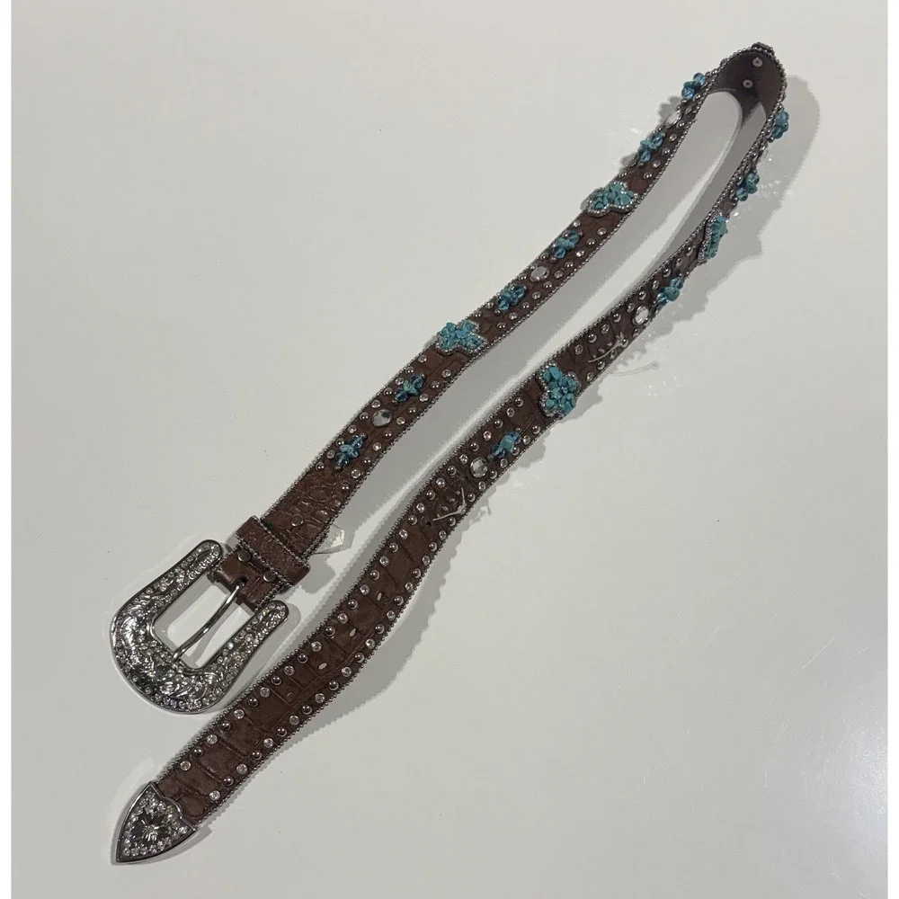 NOCONA - Women's Brown Leather Turquoise Cross Rhinestone Western Belt - Large