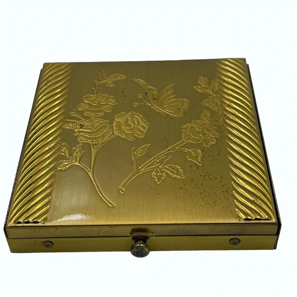 Vintage Compact Dorset Fifth Avenue Goldtone Floral Butterfly Engraved with Puff