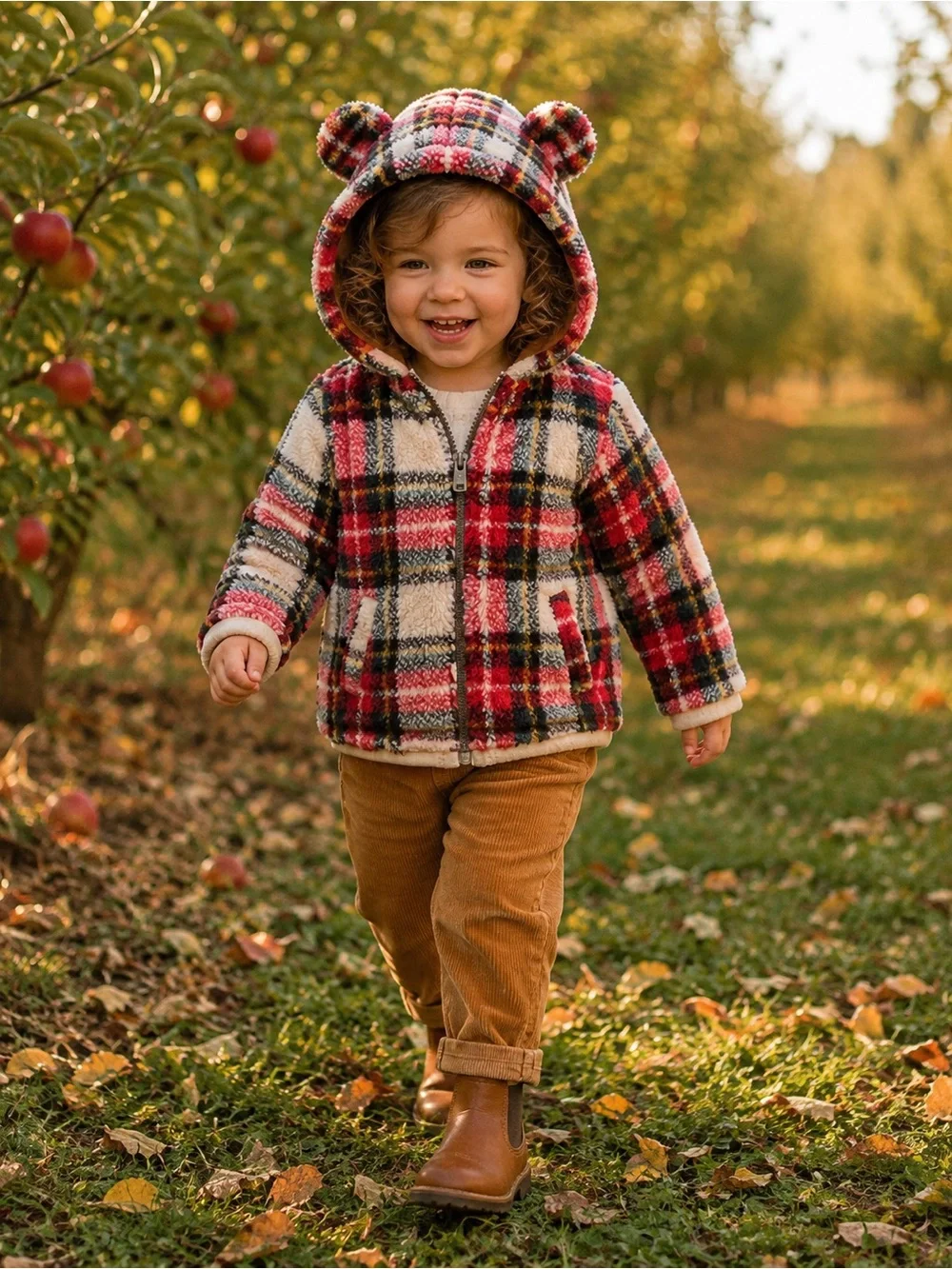 Old Navy Toddler Plush Fleece Plaid Hooded Jacket Red 3T