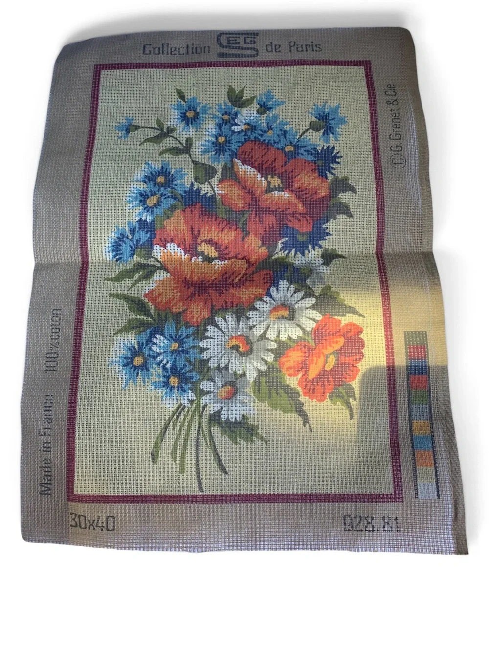 Vintage French SEG de Paris Unworked Needlepoint Canvas Poppy Bouquet