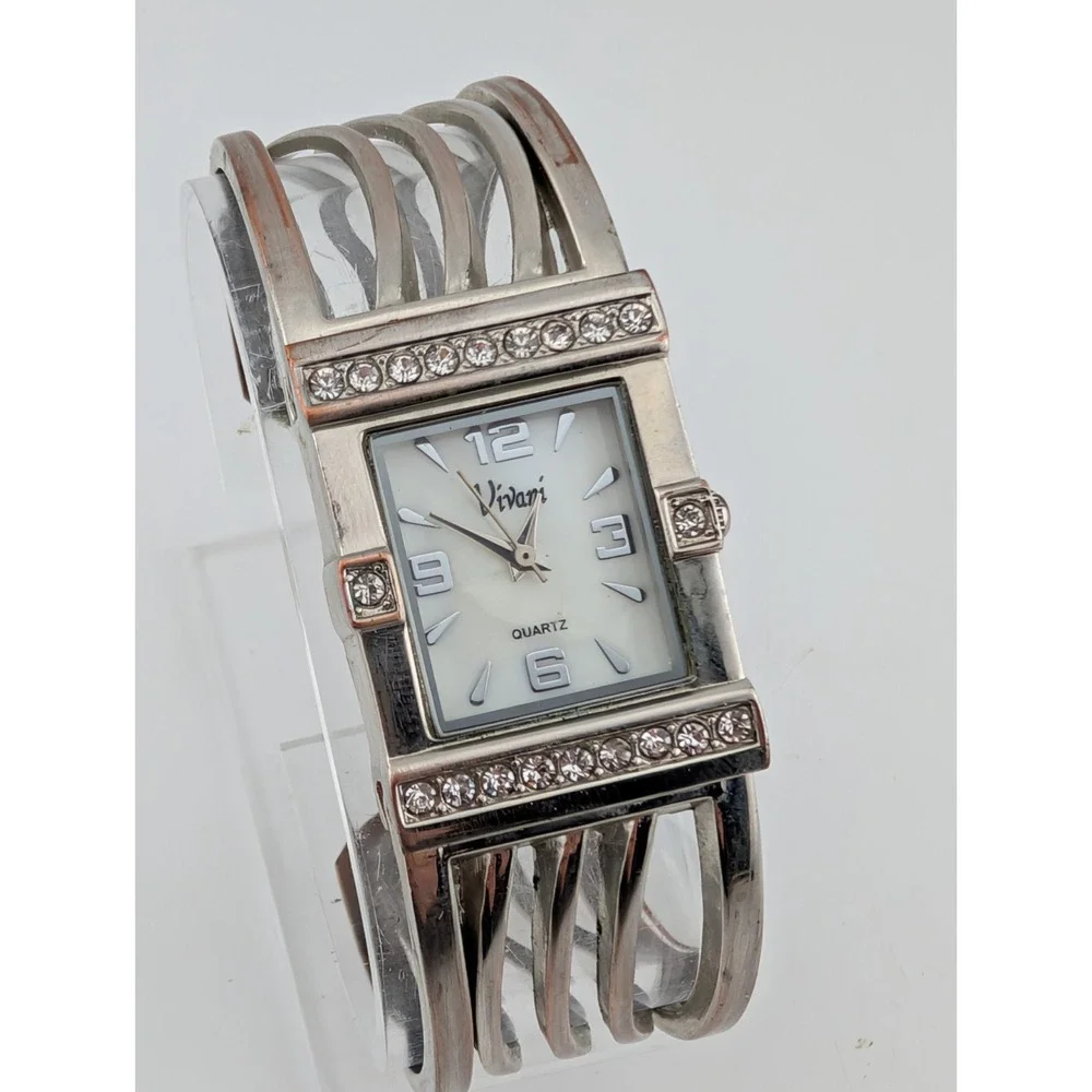 Vivani MOP Dial Watch 24mm Case‎ Silver Hinge Bangle Band- New Battery